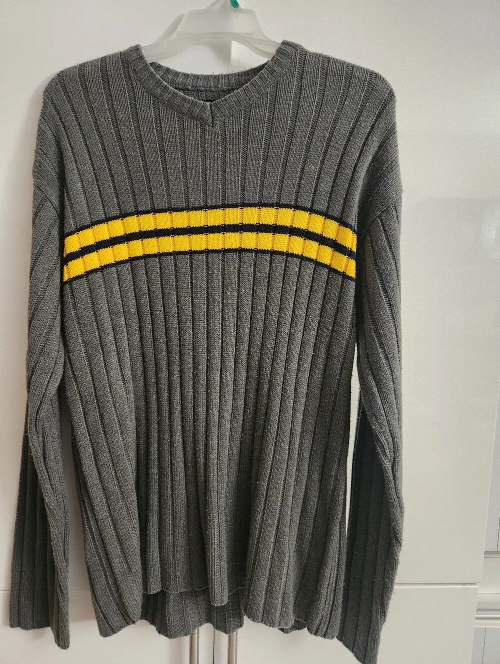 Aeropostale Gray Ribbed Crewneck Sweater with Yellow Chest Stripe